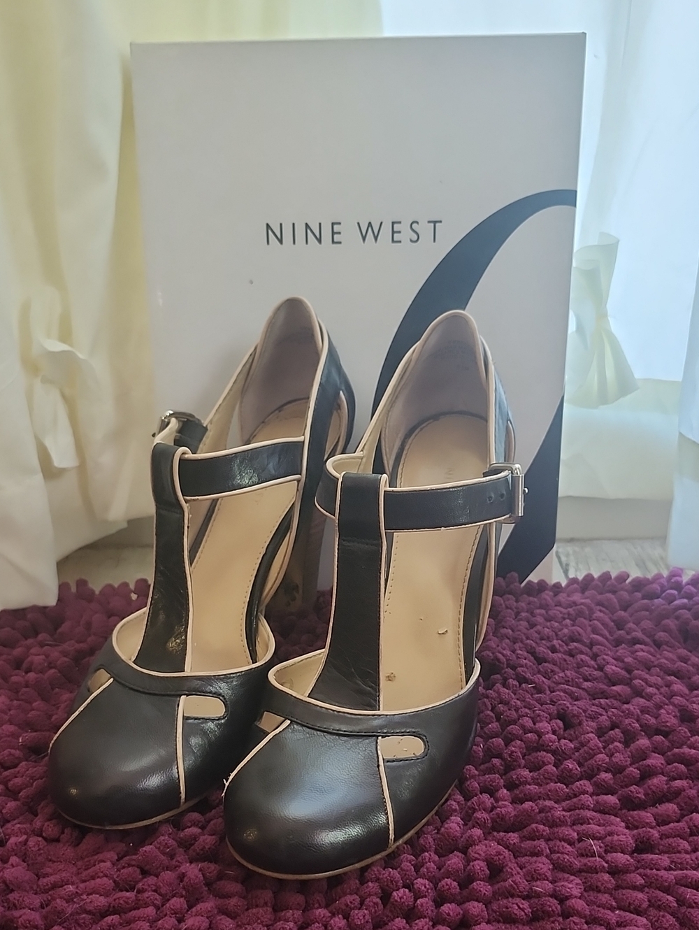 Nine West Black and Cream T-Strap Pumps with Ankle Buckle